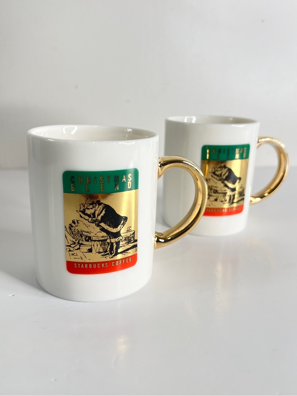 Starbucks Christmas Blend Santa Mugs Vintage Set of 2 Gold Handle Coffee Mugs